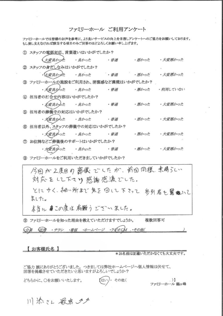 とにかく細かい所まで気を廻して下さって参列者も驚いてました。