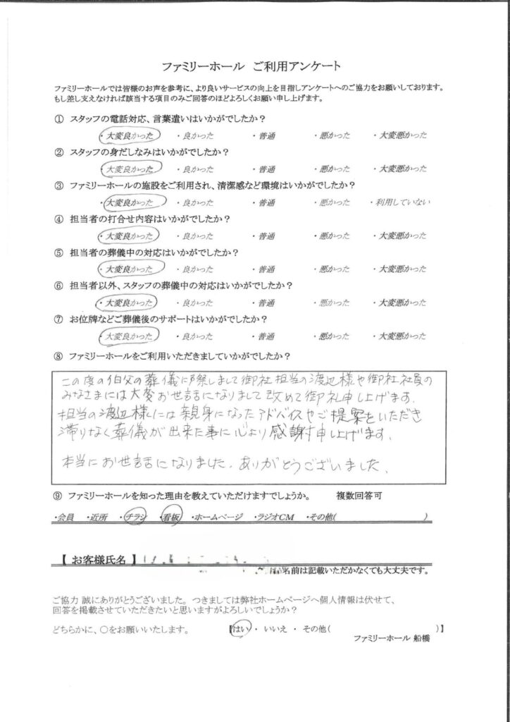 滞りなく葬儀が出来たことに心から感謝申し上げます。