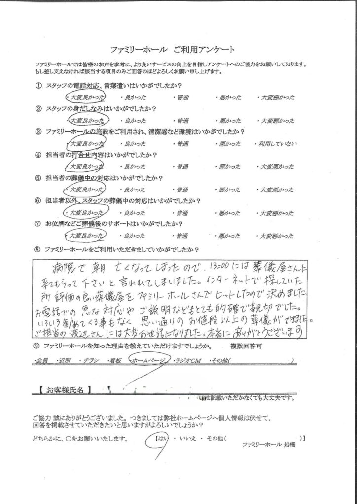 いろいろ勧めてくる事もなく、思い通りのお値段以上の葬儀ができました。