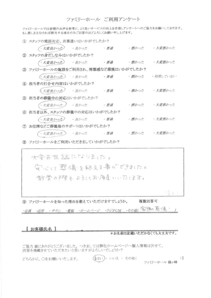 安心して葬儀を終える事ができました。