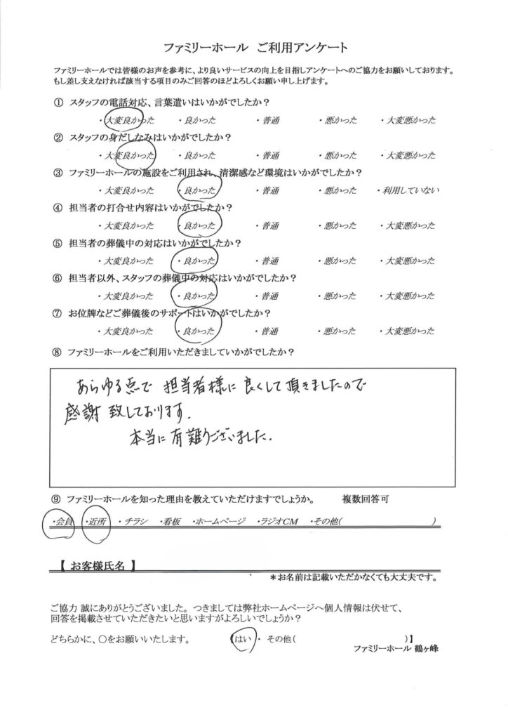 あらゆる点で担当者様に良くして頂きましたので感謝致しております。本当に有難うございました。