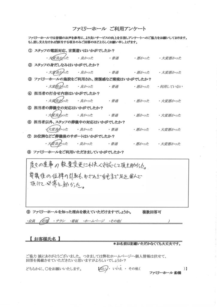 葬儀後の位牌の引取りも、わざわざ自宅まで足を運んでいただけて非常に助かった。