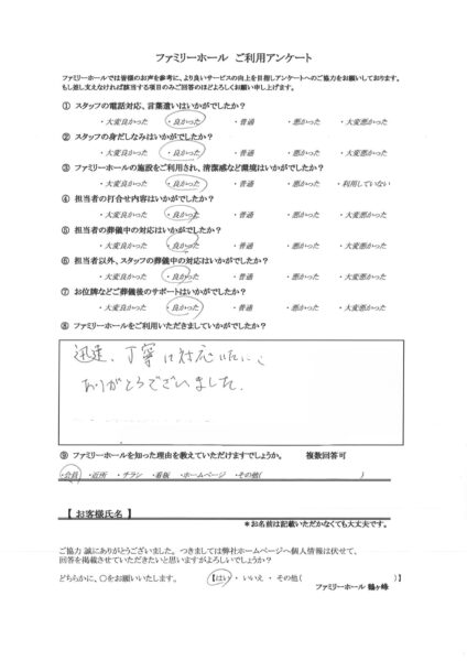 迅速、丁寧に対応いただきありがとうございました。